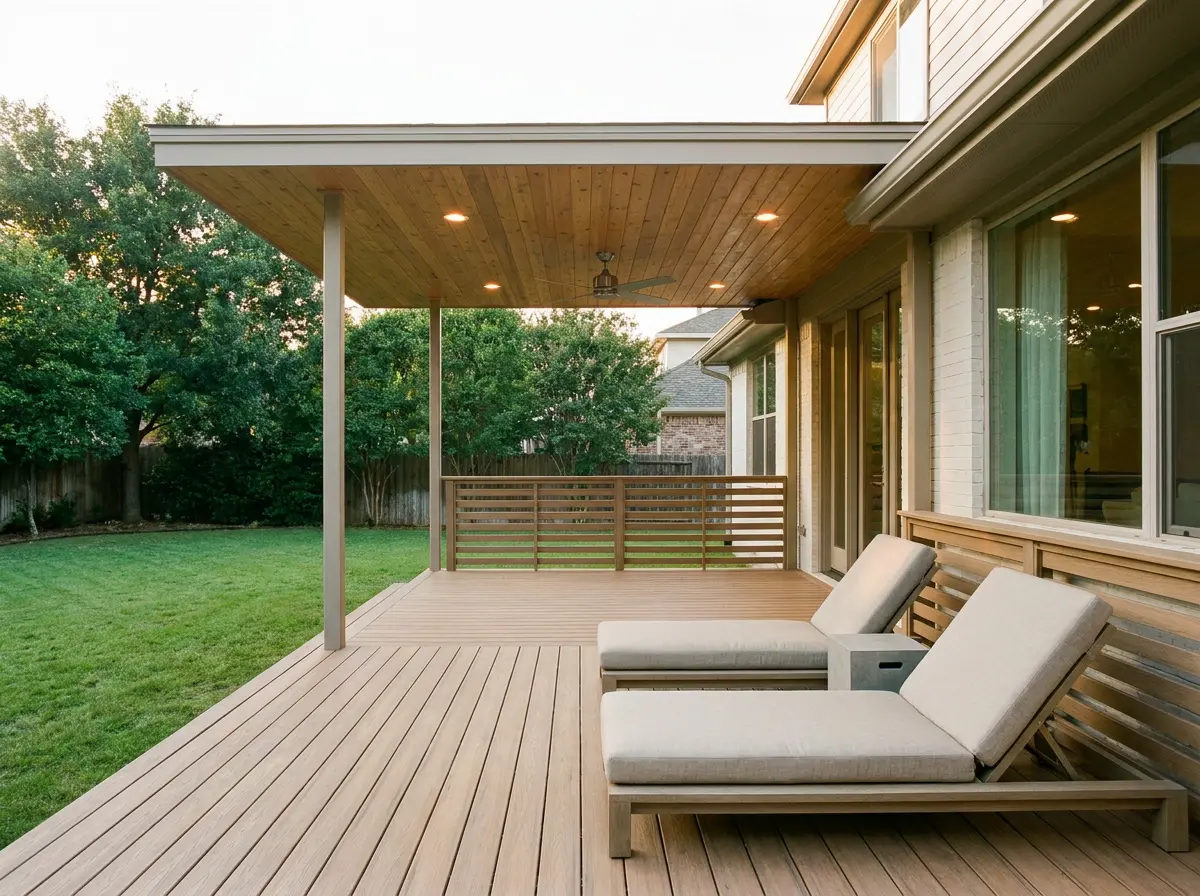 Covered patio and composite deck at the rear of a home, with outdoor seating