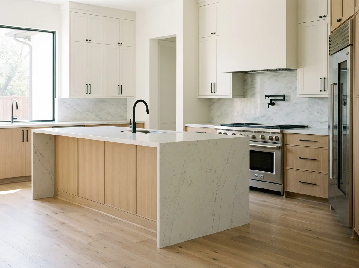 Modern kitchen remodel with a quartz island and white oak cabinetry
