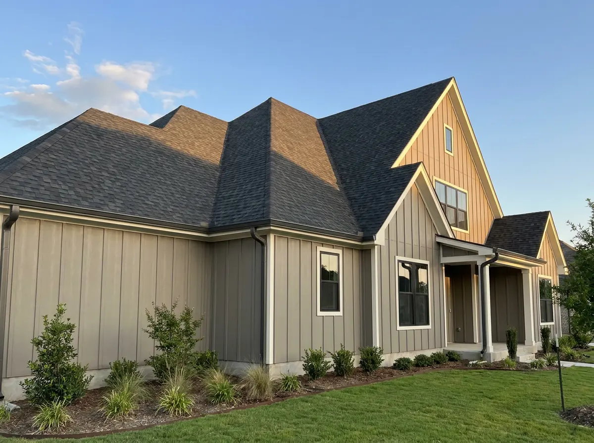 New architectural shingle roof and fresh siding on a suburban home exterior
