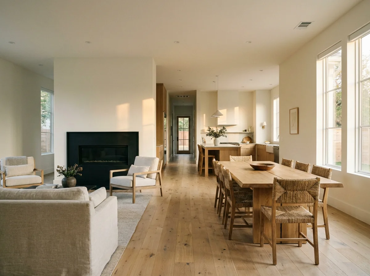 Open-plan living area after a whole-home renovation, with new flooring and natural light